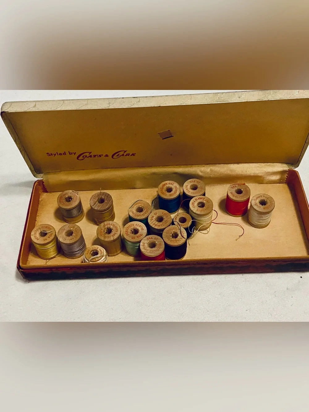 Coats and Clark Leatherette Case with Threads. Visible signs of age.